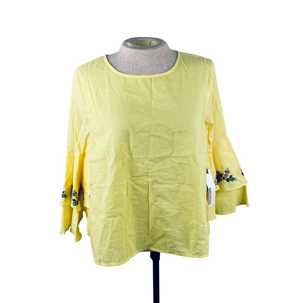 Haute Monde Womens Yellow Cotton Embroidered Tiered Bell Sleeve Blouse M